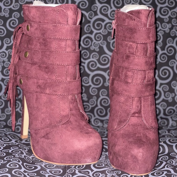 Burgundy Ankle Boots with Fringe - Picture 3 of 3
